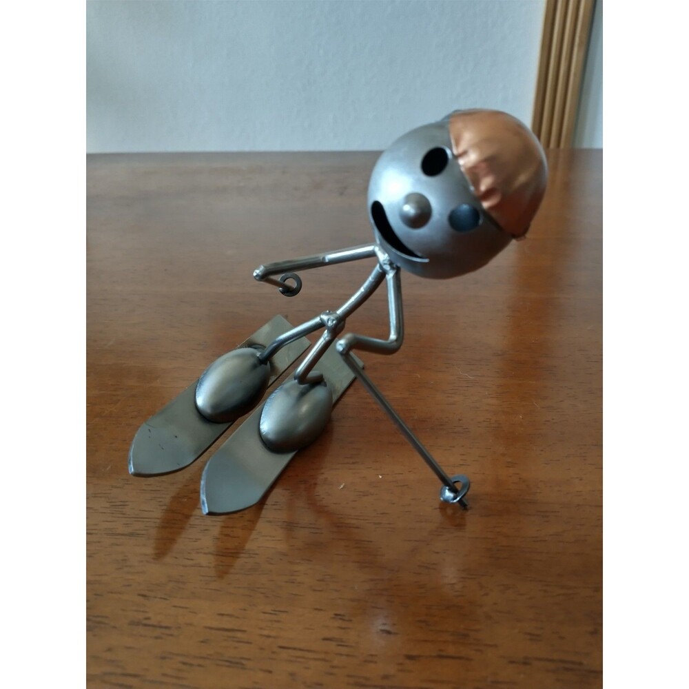 Metal Skier Figurine Sports Decor Silver/Copper Hat 4 in Freestanding
